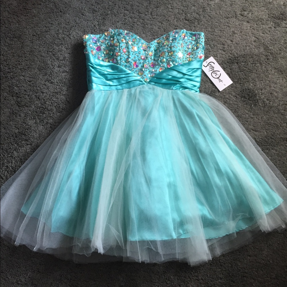 Teal strapless beaded short homecoming dress